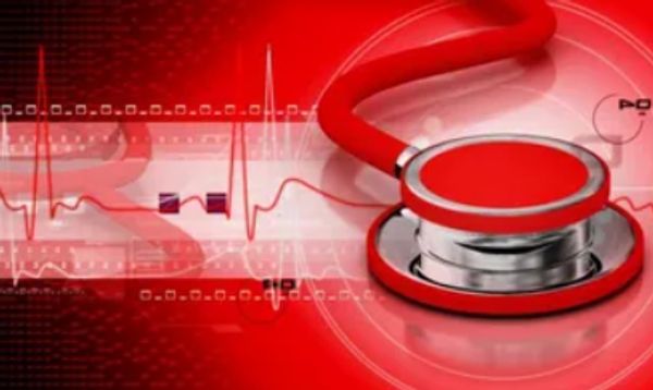 Red stethoscope with heartbeat lines on a red background.