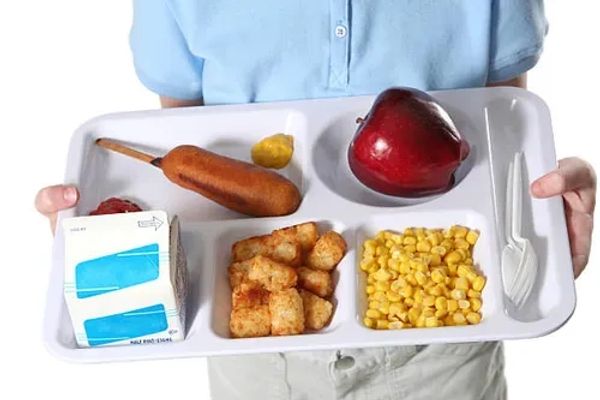 Child holding a school lunch tray with corn dog, apple, corn, tater tots, and milk.