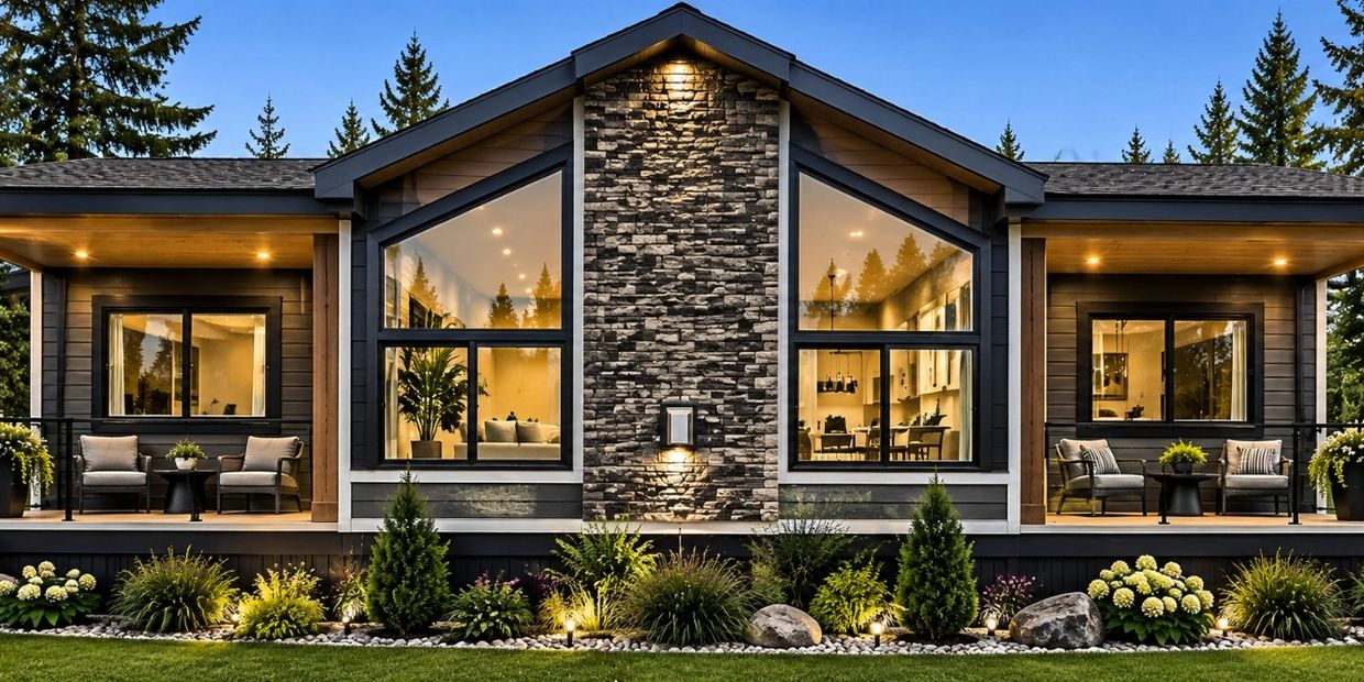 Modern house with large windows and garden lighting.