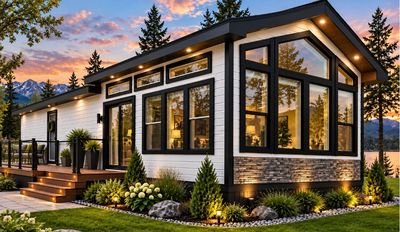 Modern tiny house with large windows at sunset.