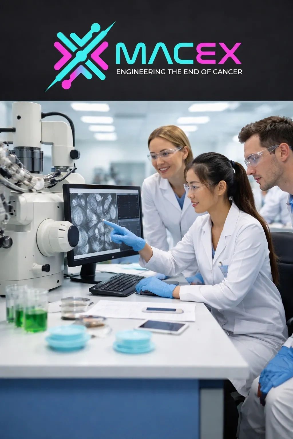 Scientists in lab coats analyze microscopic images on a computer screen in a research lab.