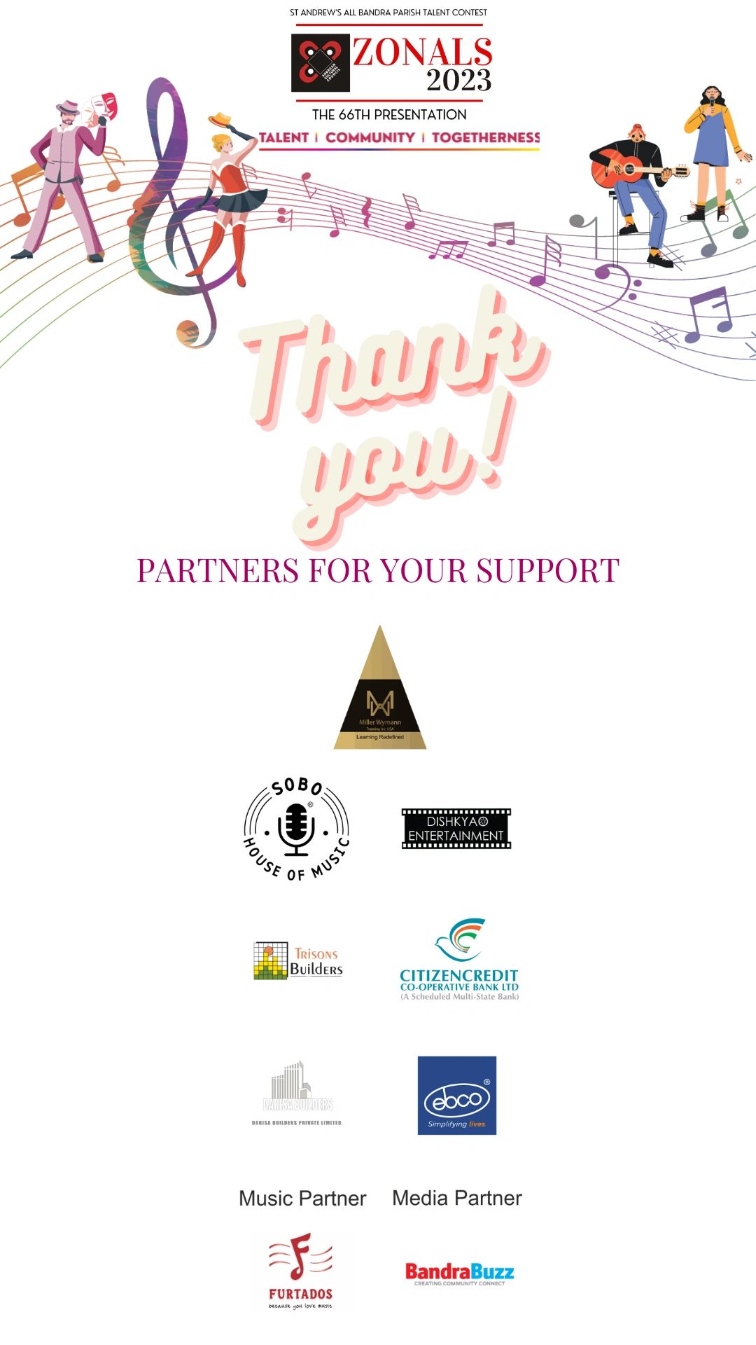 Thank you message with music-themed design and sponsor logos.