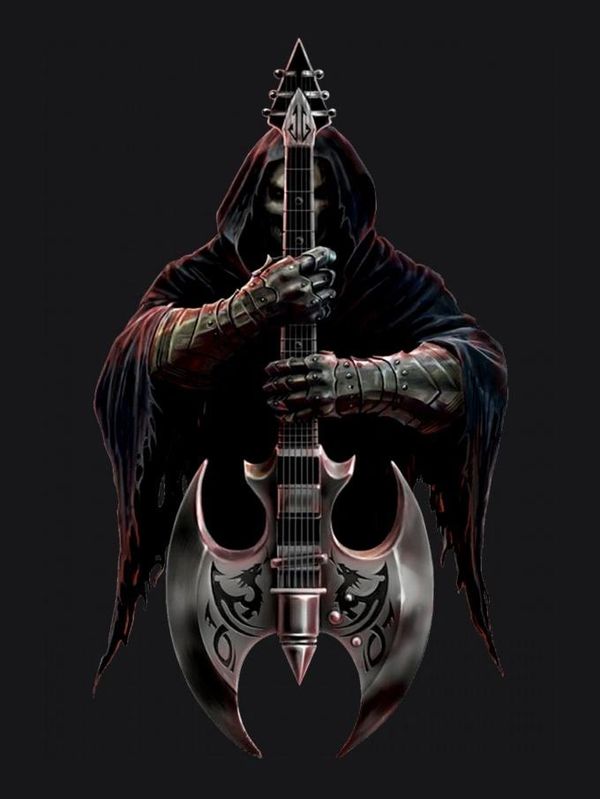 Grim reaper holding a battle axe guitar.
