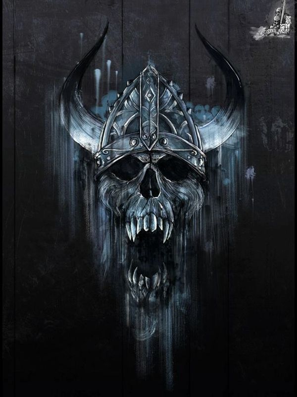 Skull with Viking helmet and fangs on dark background.