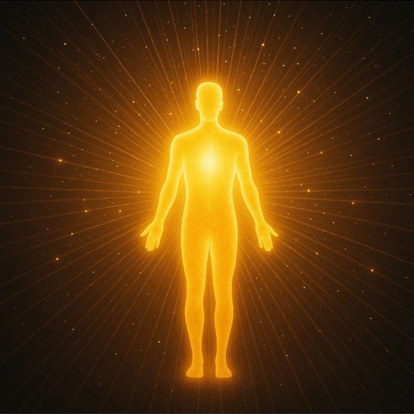 Glowing golden human figure radiating light from the heart.