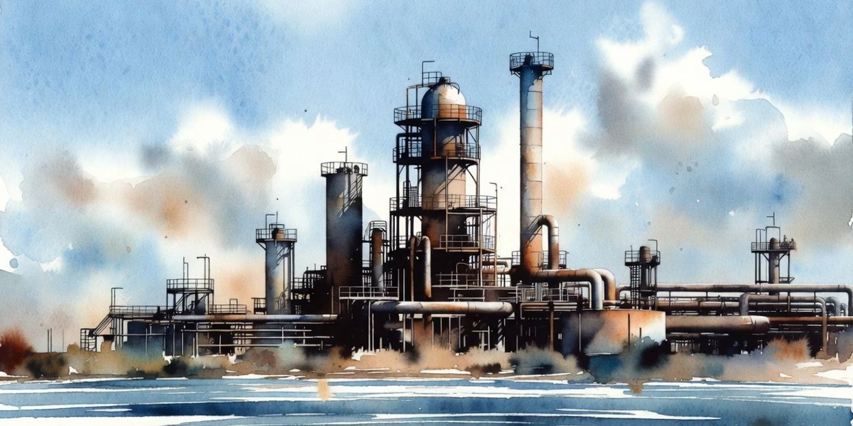 Industrial refinery with tall chimneys under a cloudy sky.
