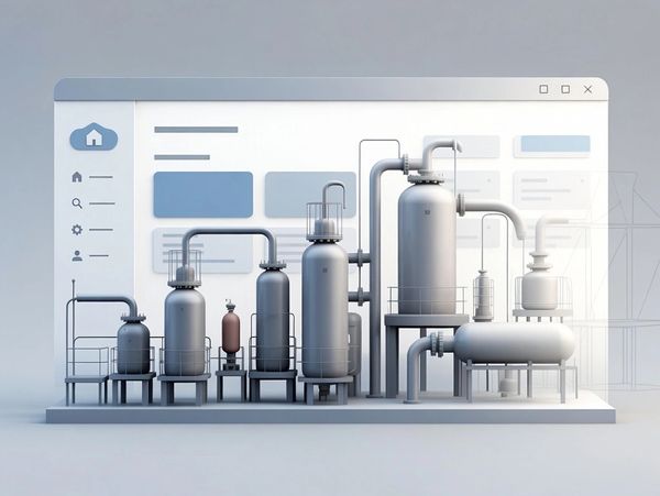 3D rendering of an industrial plant interface with tanks and pipes.