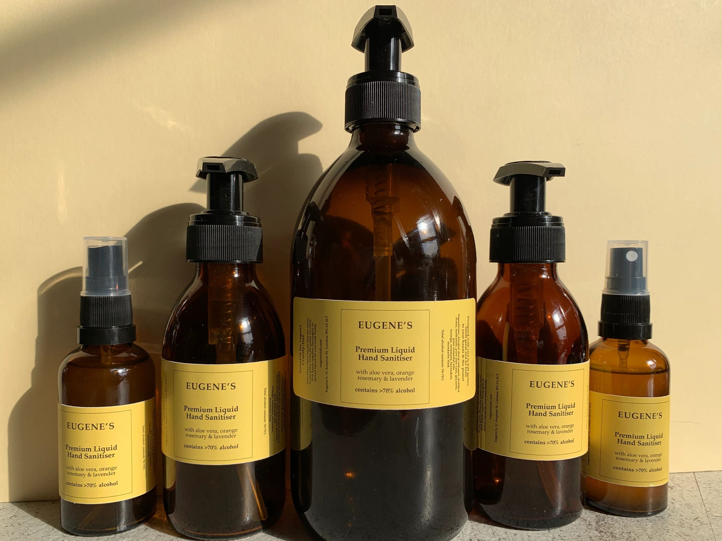 A range of our liquid hand sanitiser product in 500ml, 150ml and 50ml bottles.