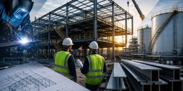 Construction workers inspect an industrial steel structure at sunset.