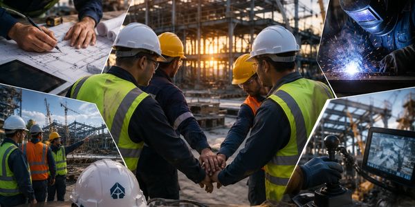 Construction workers collaborating on site during sunset with various tasks shown.