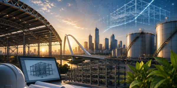 City skyline with industrial tanks and digital architectural design at sunset.