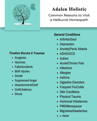 List of common reasons to visit a Heilkunst homeopath at Adalen Holistic.