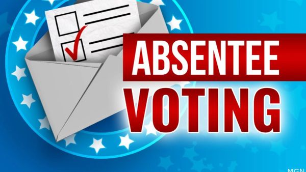 Illustration promoting absentee voting with envelope and ballot.