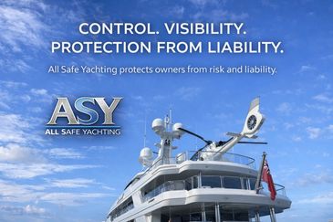 Luxury yacht under a clear sky with All Safe Yachting protection advertisement.