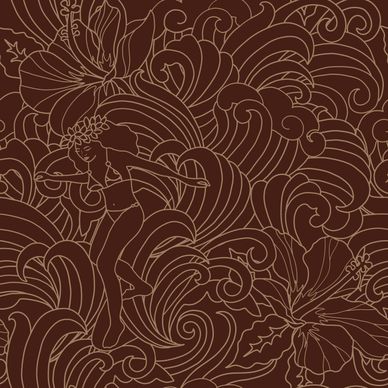 Outline of surfer girl on wave and hawaiian flowers