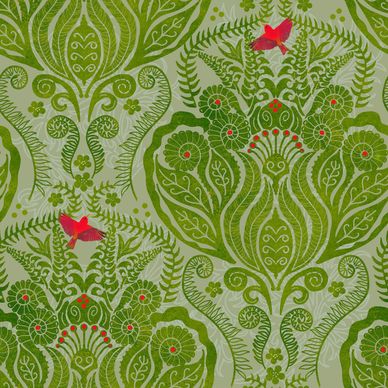 I'iwi bird over the fern forest of Hawaii