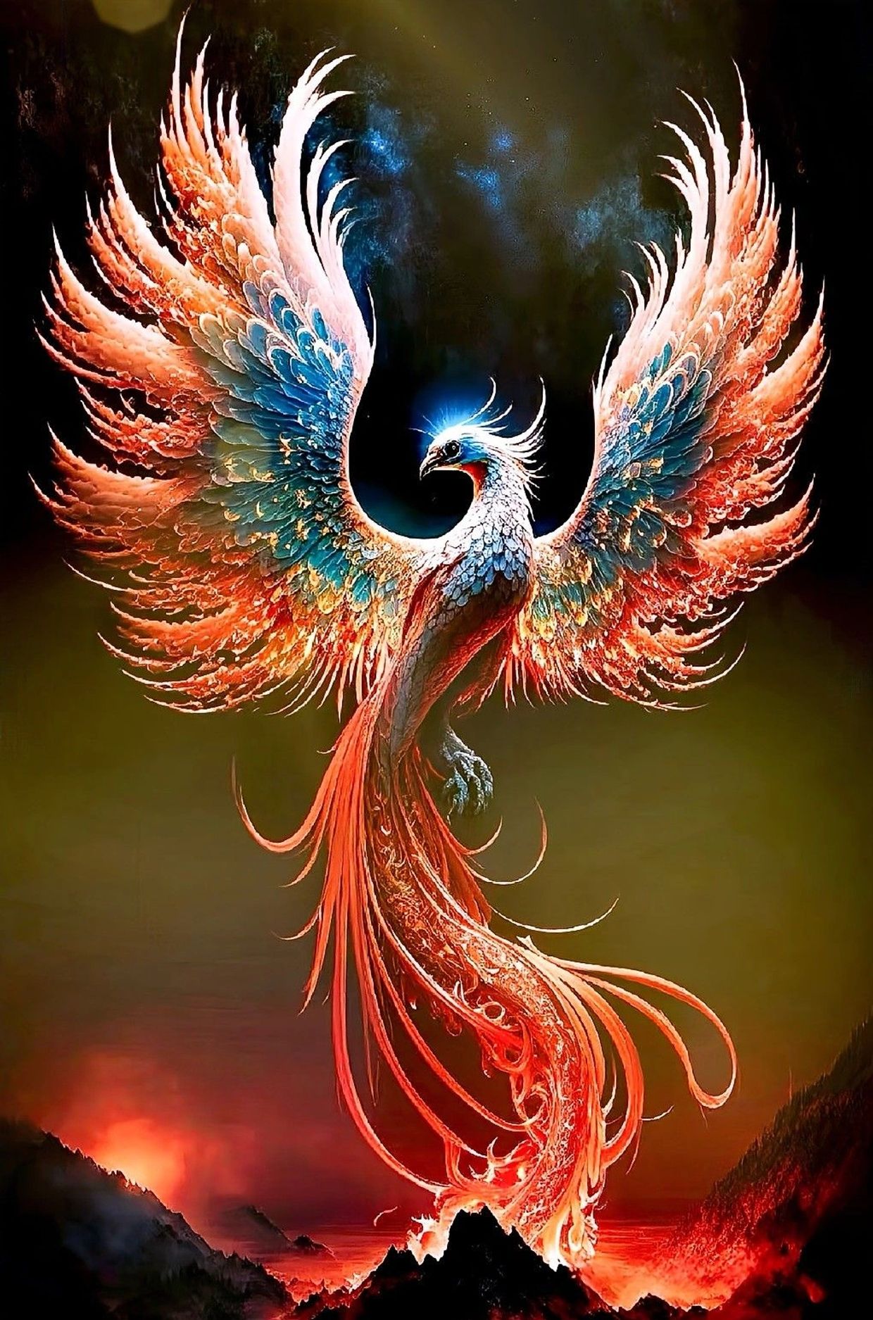 A majestic phoenix with fiery wings rising from volcanic flames.