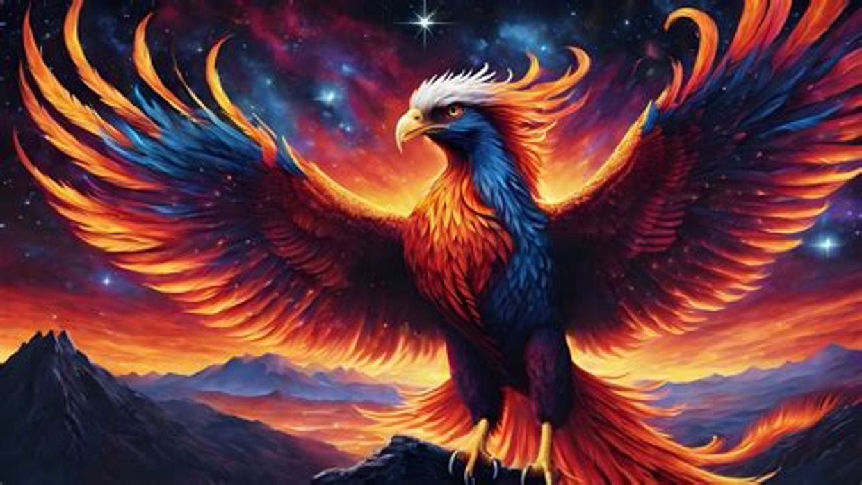 A fiery phoenix with vibrant wings spreads against a cosmic sunset.