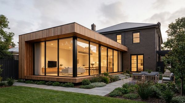 Modern house with wooden and brick exterior surrounded by a landscaped garden.
