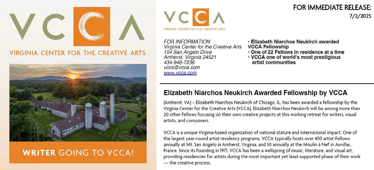 A press release announcing author Elizabeth Niarchos Neukirch as a fellowship recipient at Virginia