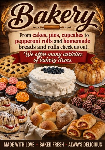 Bakery offering a variety of fresh baked goods including cakes, pies, and rolls.
