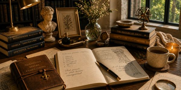 Cozy vintage study desk with books, notes, and a coffee cup.