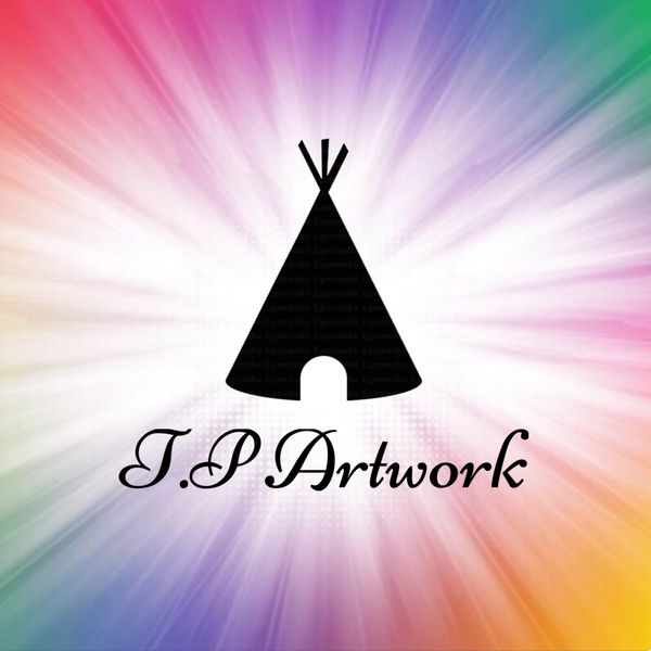 Colorful background with black teepee and I.P Artwork text.