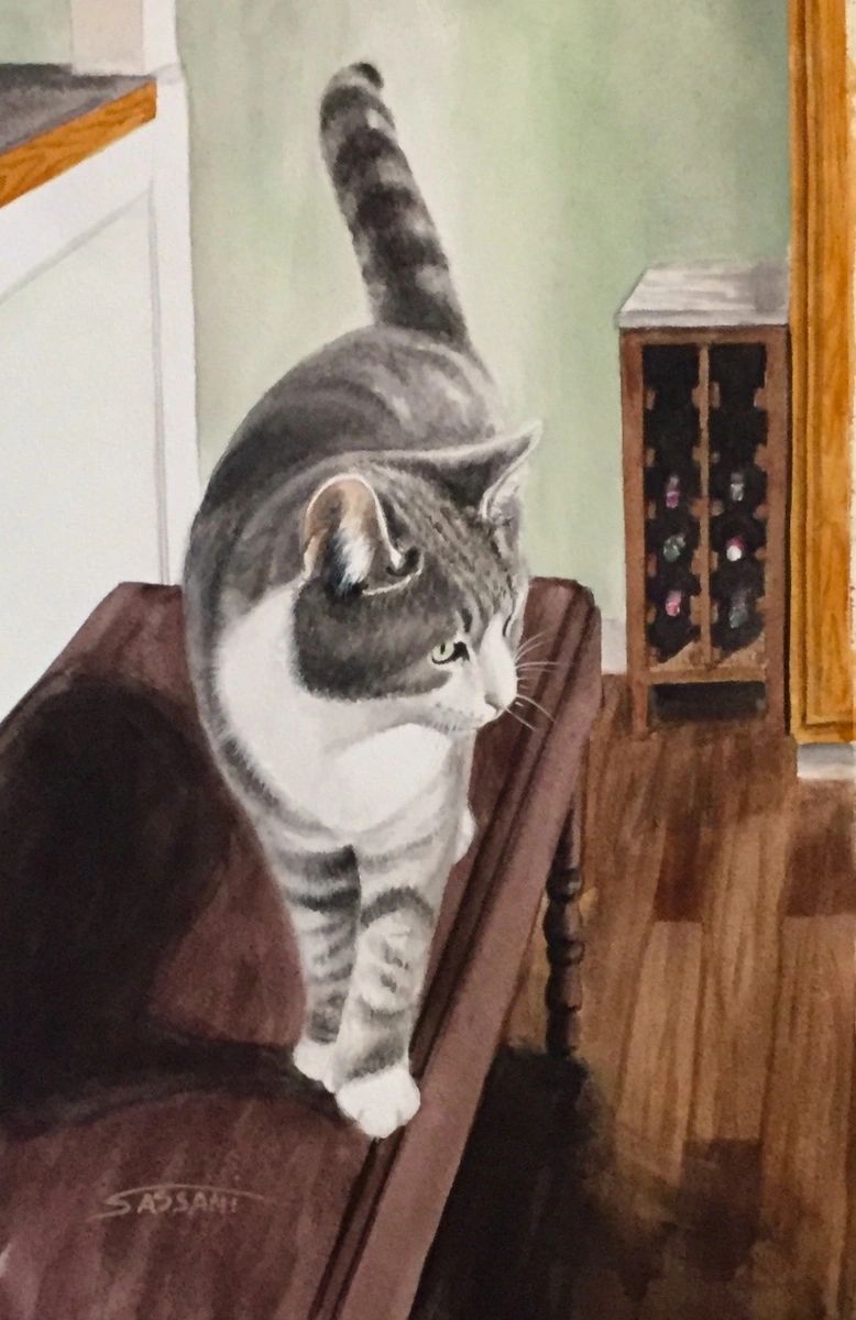 Violet, Watercolor painting, grey cat on table