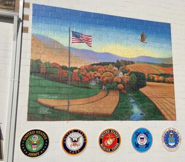 Finished outdoor Mount Carmel VFW mural, America the Beautiful. Military emblems