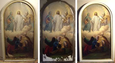 heavily damaged painting before, during, and after restoration