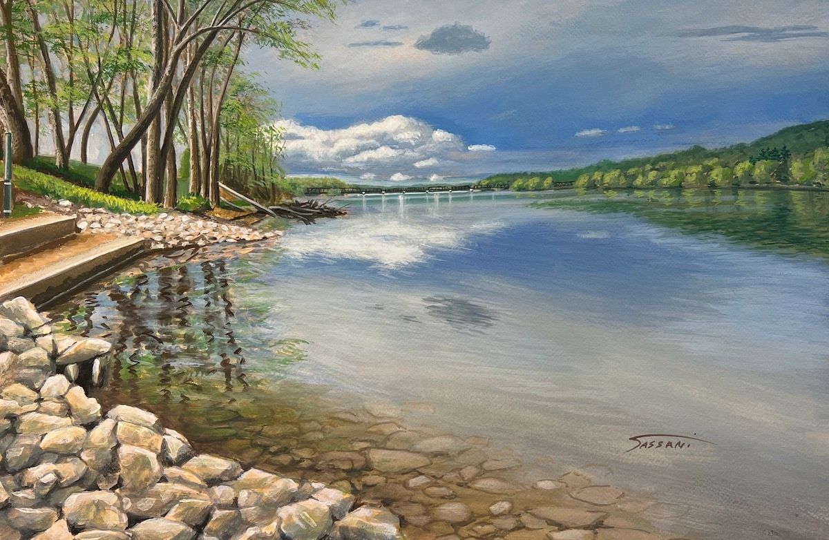 Guache Watercolor painting, Susquehanna River, Isle of Que, Selinsgrove PA