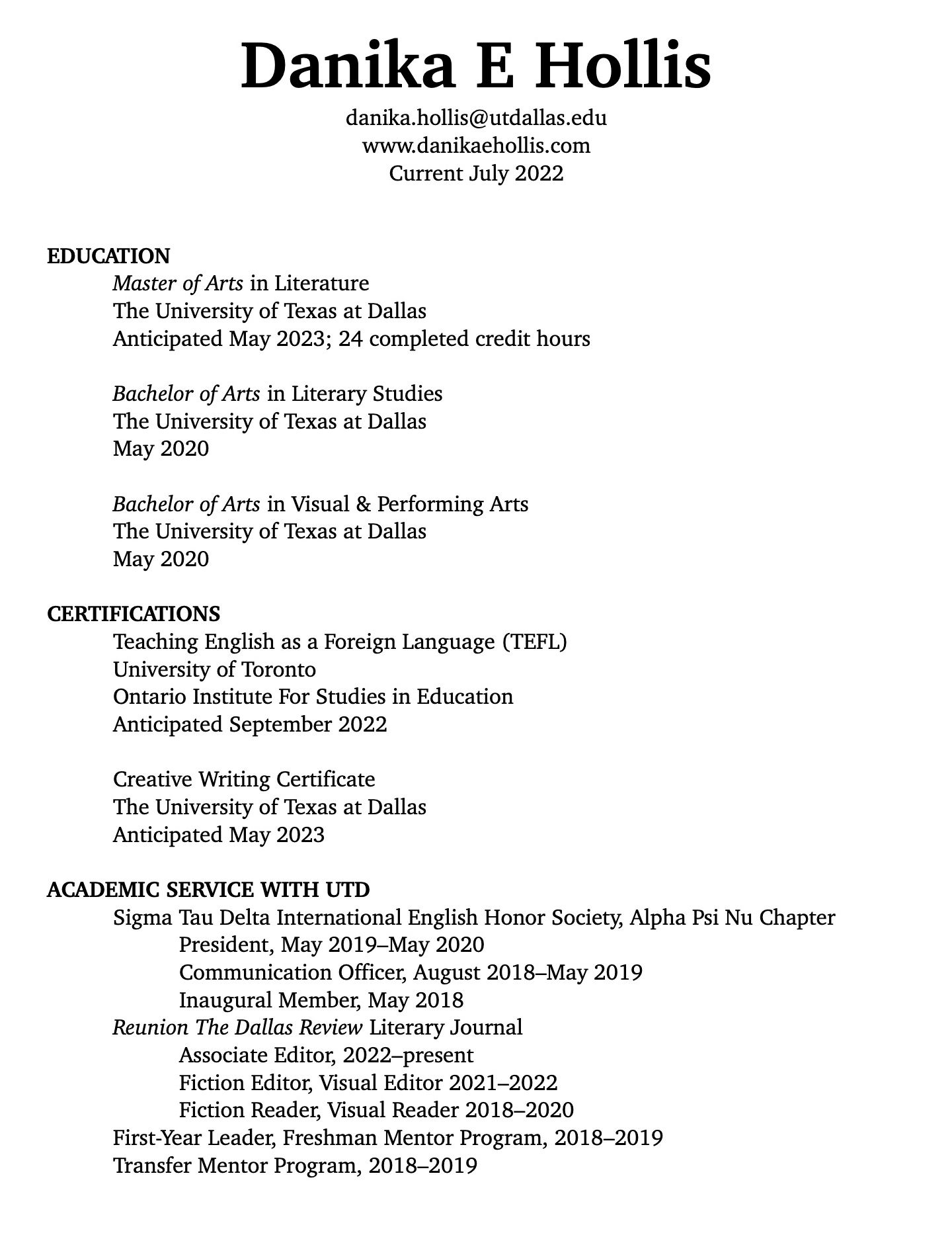 Danika E Hollis CV Education MA Literature UTD Bachelor Literary Studies Literature Certifications