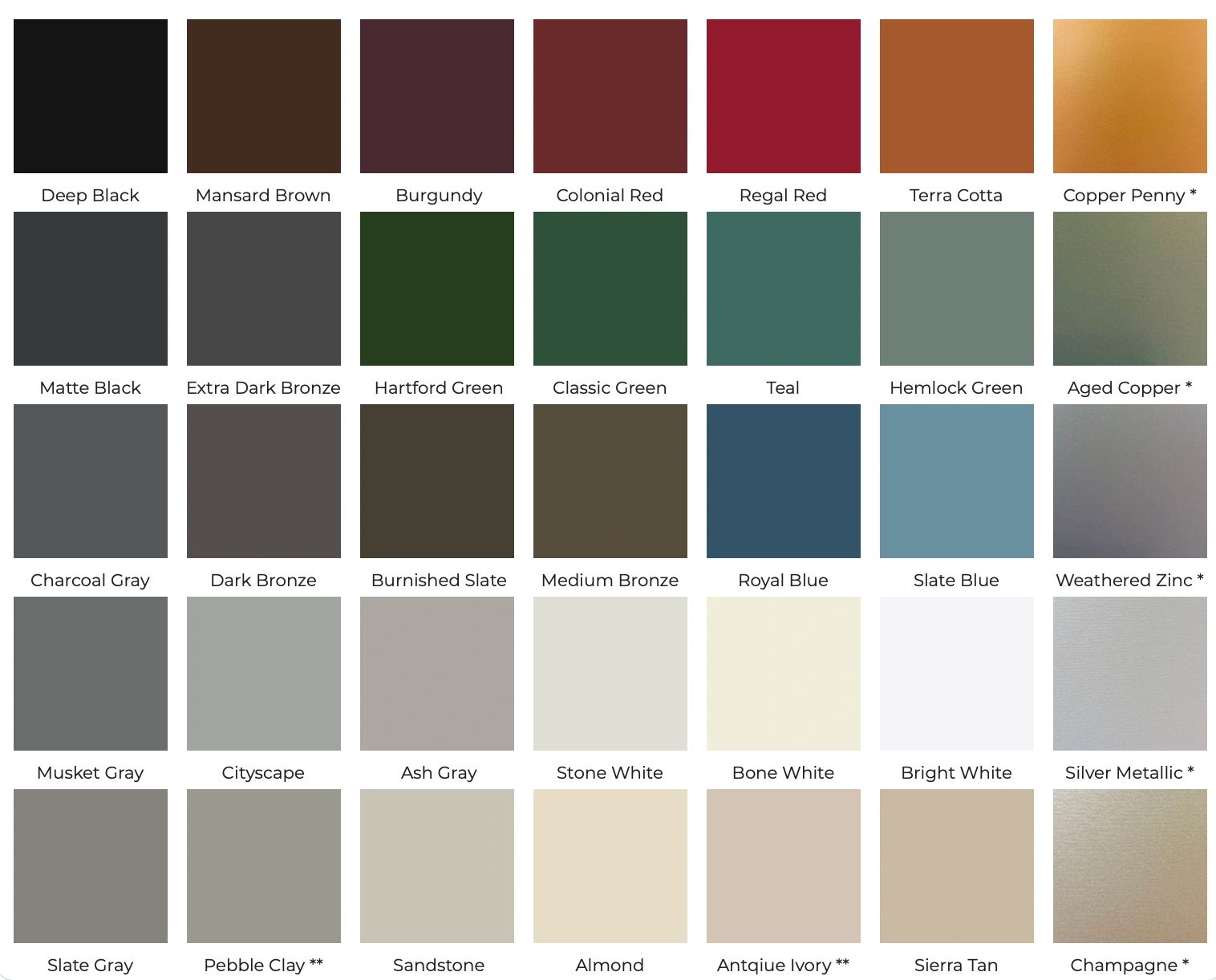 Color palette featuring various shades of black, brown, green, blue, gray, white, and metallic tones.