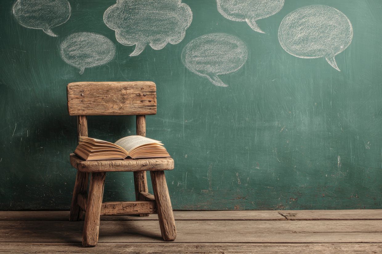 Open book on rustic wooden chair in front of chalkboard.