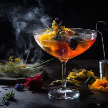 Elegant cocktail with vibrant fruits and floral garnish emitting smoke.