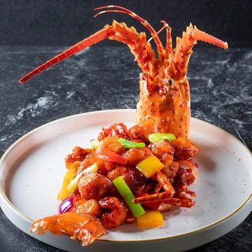 Gourmet lobster dish with colorful vegetables, elegantly plated.