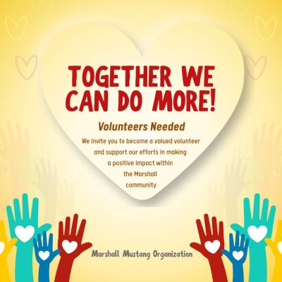 Volunteer call poster with colorful hands and heart background.