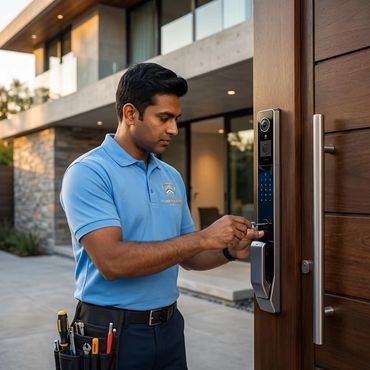 Technician installing a smart digital door lock on a modern wooden door.