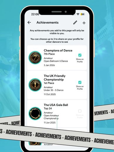 Mobile screen showing dance competition achievements and profiles.