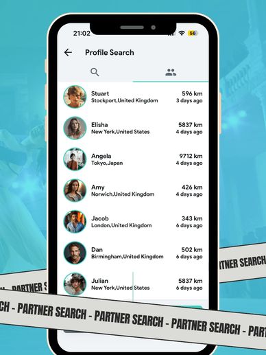Smartphone screen showing a partner search app with profiles and distances.