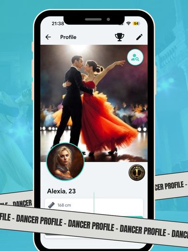 Profile of dancer Alexia, 23, with a ballroom dance photo and height details.