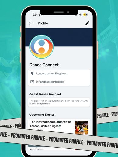 Mobile profile screen for Dance Connect app showcasing location, contact, and events.