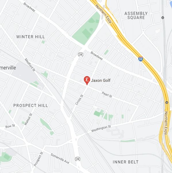 Map of Somerville; Red Pin labeled Jaxon Golf in the center @ intersection of Cross & Pearl Street.