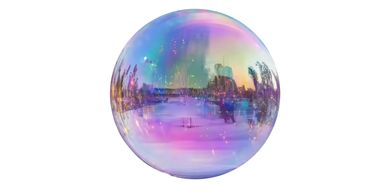 Colorful iridescent bubble reflecting a cityscape.