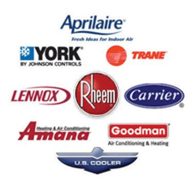 Logos of popular HVAC brands like Aprilaire, York, Trane, Lennox, Rheem, Carrier, Amana, Goodman, and U.S. Cooler.