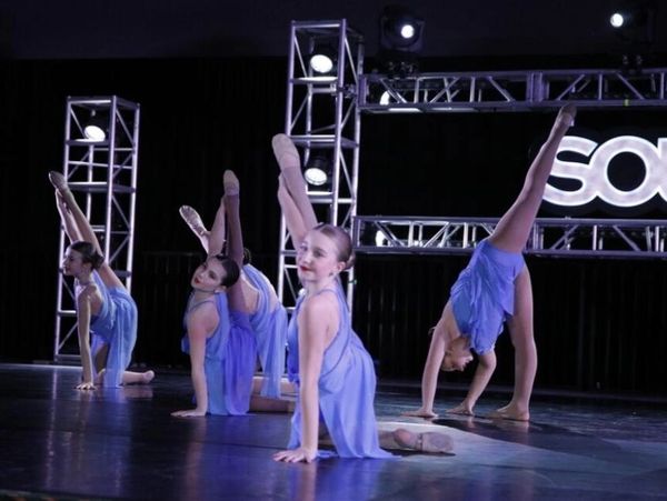 Young dancers in blue outfits performing flexible poses on stage.