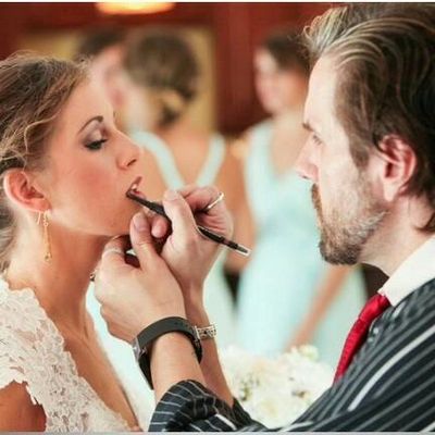Makeup Artist, Skin Care Specialist, Beauty Expert & Aesthetician Jamie Angeles, of Angeles Beauty Arts - applying lip color to a  bride, on-site at her wedding