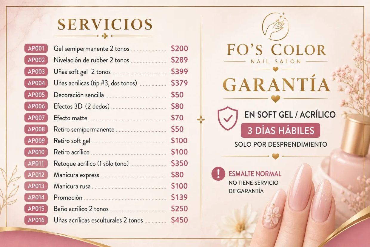 Lista de servicios y precios del salón de uñas Fo's Color.