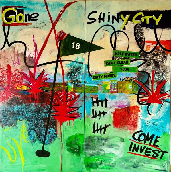 Abstract graffiti-style painting with vibrant colors and political messages.