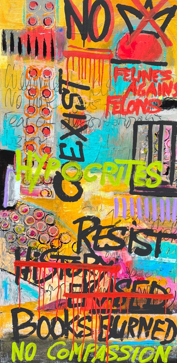 Colorful graffiti with bold words like 'Hypocrites' and 'Resist' splattered across.